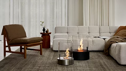 EcoSmart Fire T-Lite Series Designer Fireplace, portable bioethanol lanterns enliven an indoor private residence living room with clean-burning flames.